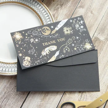 

12set black Gold Theme Flying in Universe thank you Card Wedding Birthday Valentine Party Invitation with Envelope Gift Message