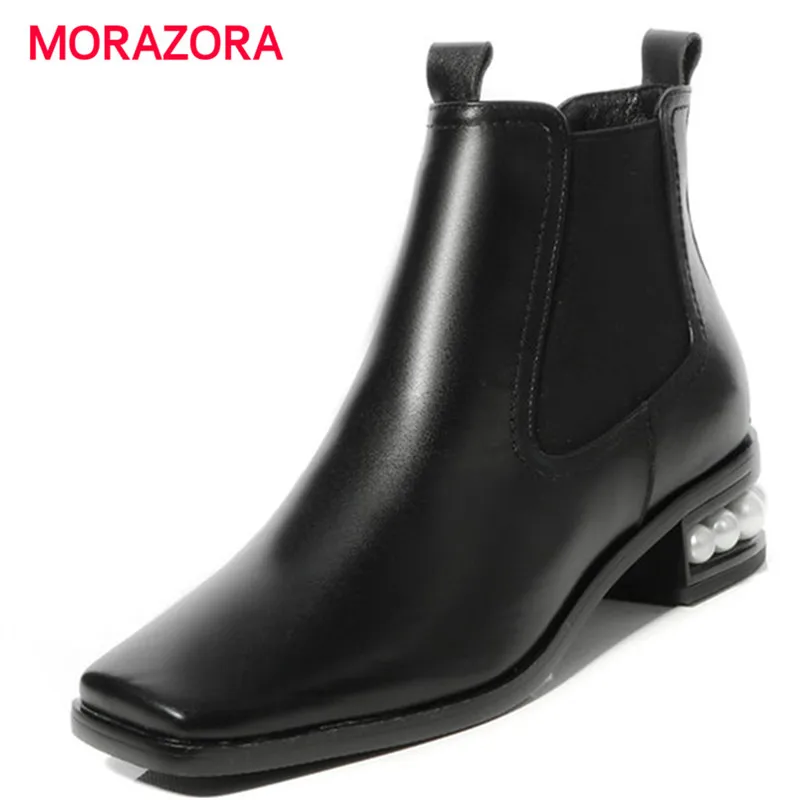 

MORAZORA big size autumn winter med heel boots stretch fabric+genuine leather boots fashion square toe square heel women boots