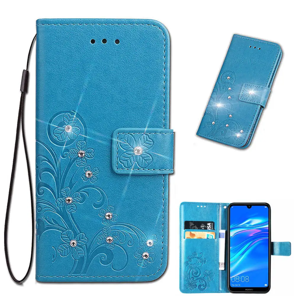

For Huawei Y7 Case Flip Woman Luxury PU Leather Wallet Lucky Clover Pattern Glitter Card Cover for Huawei Y7 2019 Smartphone