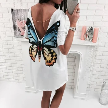 

Womens Fashion Big T-shirt Short Sleeve Cat Butterfly Print V-neck Reversible White Sexy Backless Loose Tops Tees Summer 7Q1171