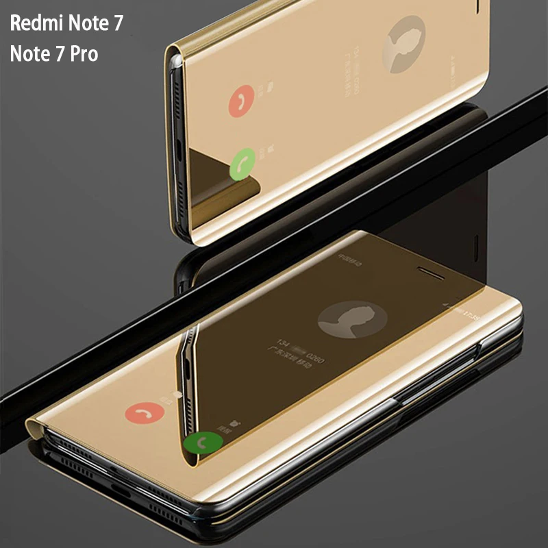 Откидной умный зеркальный чехол для телефона, чехол, для Xiaomi Redmi Note 7 Pro Note7 7Pro, жесткий кожаный Прозрачный чехол для задней панели с Откидывающейся Крышкой цвета розового золота