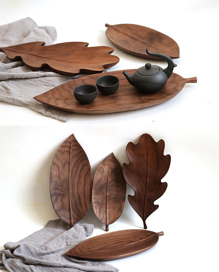 Тарелка из черного ореха, оригинальная ручная работа, форма листьев, снэк-орех, тарелка для фруктов, выпечки, креативный поднос для чая из дерева, качественная сервировочная посуда