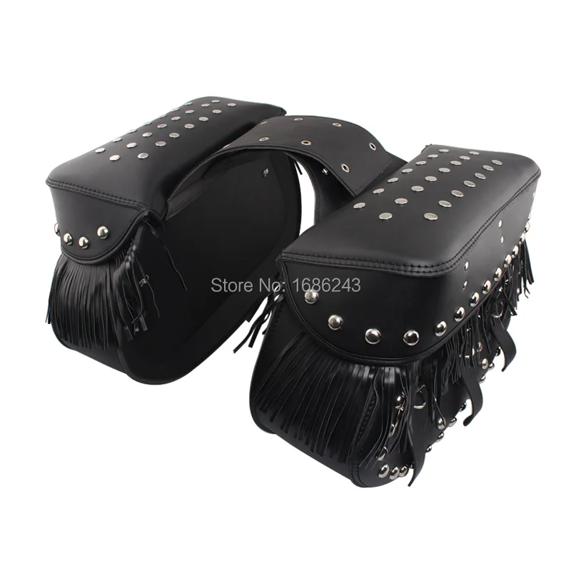 Black Rivet Tassels Side Bag Saddle Bags Fits For Honda Yamaha Suzuki Kawasaki Harley Bobber Custom Chopper Cruisers universal