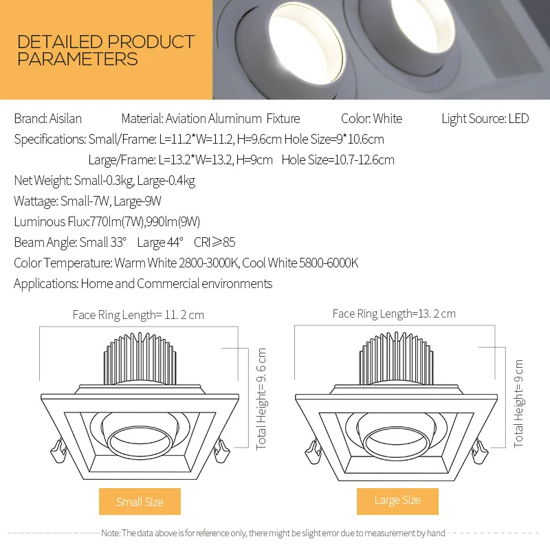 Aisilan квадратный яркий Встраиваемый светодиодный светильник, квадратный светильник, 7 Вт, 9 Вт, светодиодный Встроенный Точечный светильник, декоративный потолочный светильник, AC 90-960 в