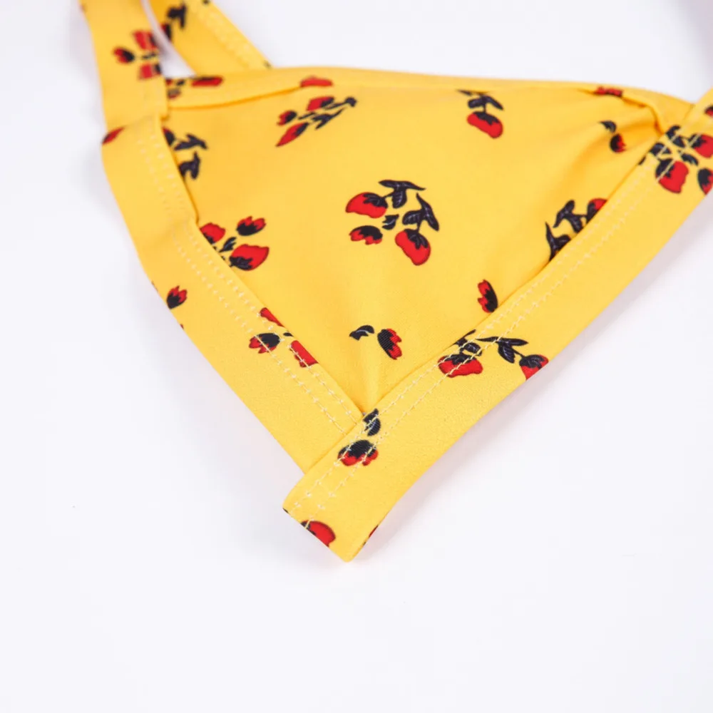 Women Girls Yellow Printed Nylon Triangle Bikini Low Waist Split Sexy Cute Swimsuit Pack Up Bikini Sets bikinis 2018 mujer