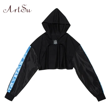 

ArtSu Patchwork Black Cropped Hoodie Long Sleeve Oversized Hoodie Sweatshirt Hoody Ladies Buckle Sudadera Sweatshirt ASHO20344