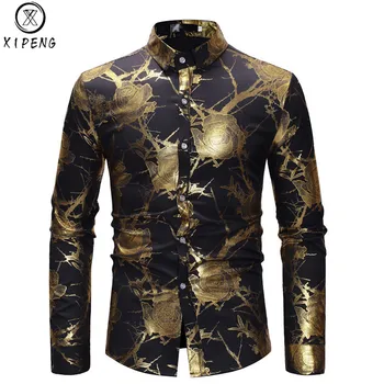 

Rose Floral Bronzing Shirt Men 2019 Brand New Tuxedo Shirt Business Chemise Homme Casual Slim Fit Wedding Dress Shirts for Male
