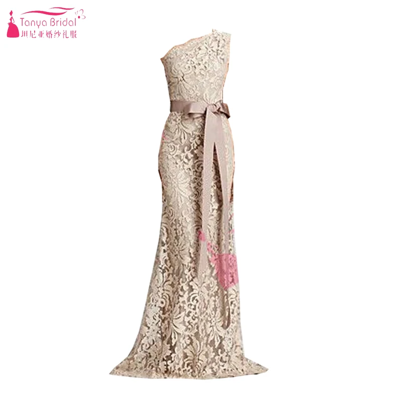 one shoulder champagne gown