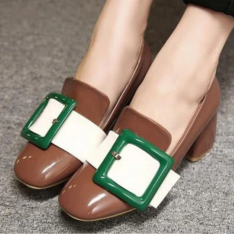 2016 New Spring Summer Retro Med Square Heel font b Women b font Shoes Pumps Patent