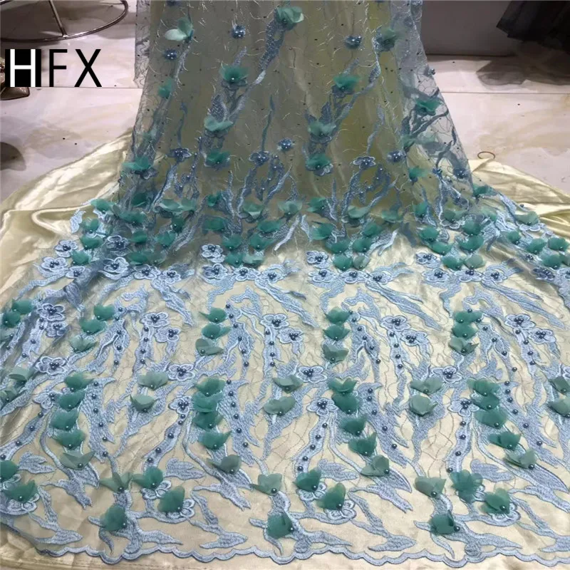 

african french lace fabric with 3D flower and beads 2019 latest green lace fabric high quality 3d lace fabric for wedding F1643