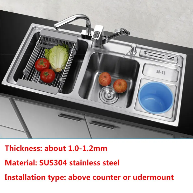 

kitchen sink Multifunction double bowl With trash can above counter or udermount sink vegetable washing basin 1.2mm kitchen sink
