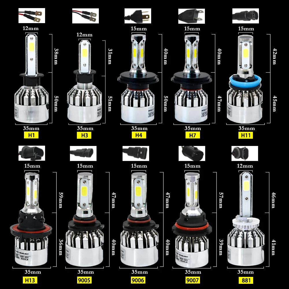 2 шт. 8000LM H4 светодиодный лампы H7 светодиодный H1 H11 H3 H8 H27 HB3 9005 HB4 9006 H13 9007 881 автомобилей головной светильник 72 Вт 6500 к автомобиля светильник 12V для автомобильных фар