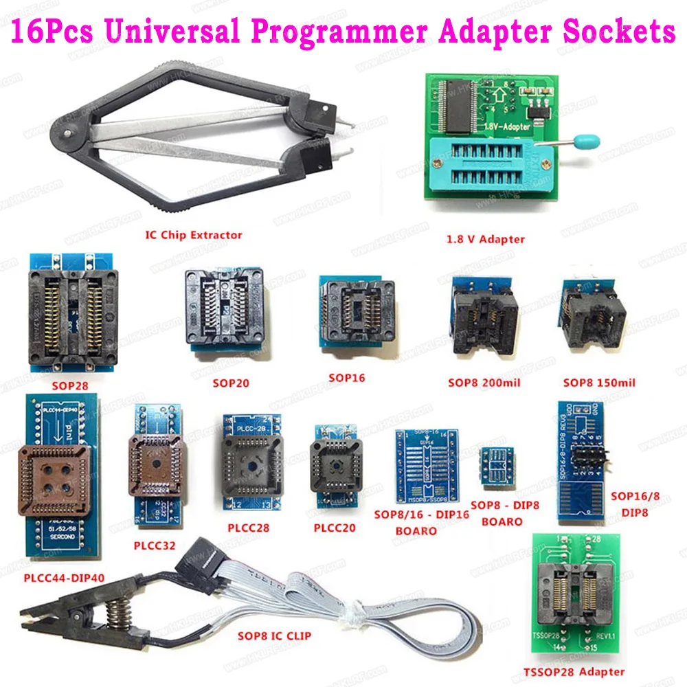 

16 Pcs Adapters 1.8V + SOP28 20 16 + TSSOP28 + PLCC20 28 32 40 for RT809H TL866CS /A L866II Plus EZP2019 Programmer sockets
