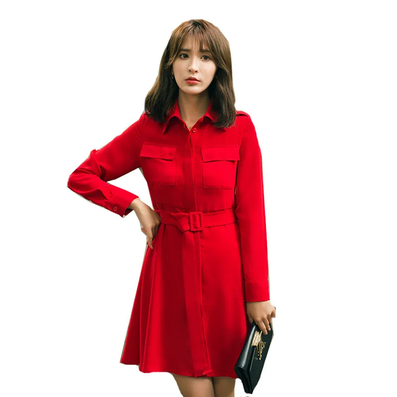 

2019 Autumn Women OL Style Long Sleeve Red Dress Office Lady Turn-down Collar Princess Dress With Bow Design Female Work Wear