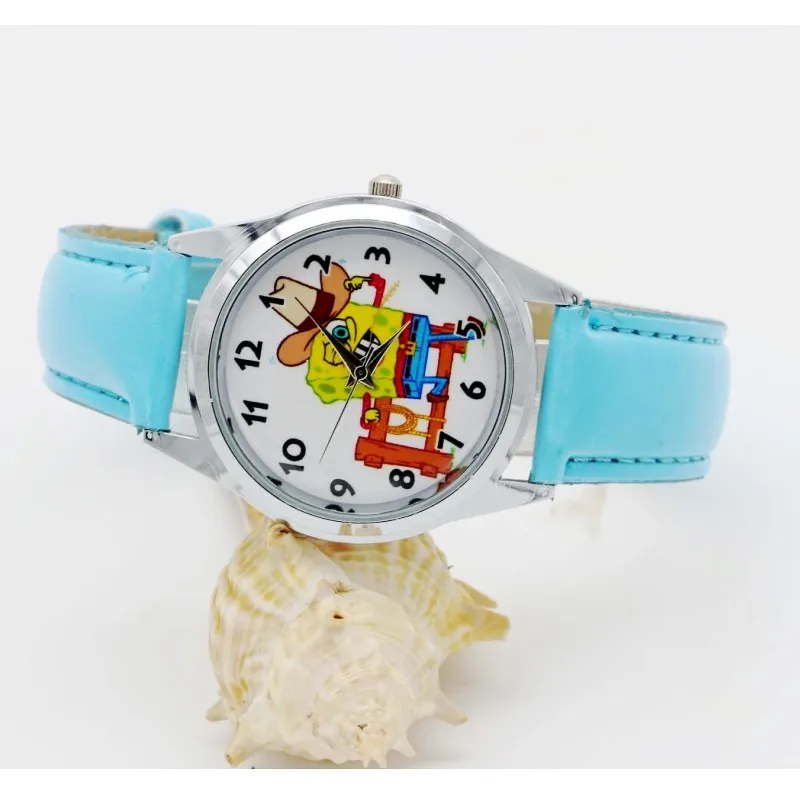 Детские Модные кварцевые наручные часы с изображением Губки Боба для мальчиков и девочек, модные часы с кожаным ремешком для студентов