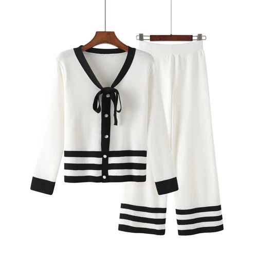Лето топ с бантом+ широкие брюки костюм женский маленький модный свитер комплект из двух предметов - Цвет: Белый
