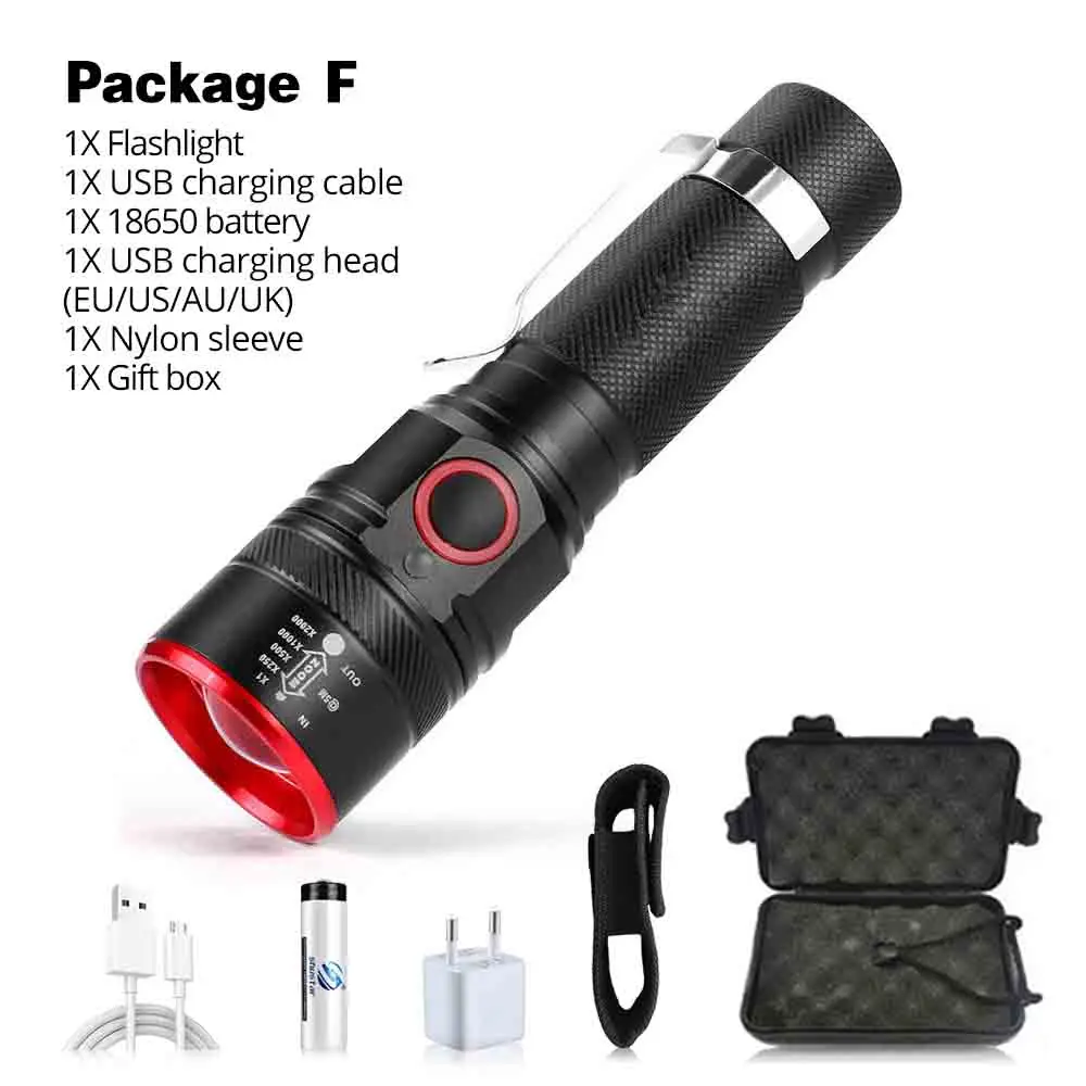 Package F USB аккумуляторные велосипедные фары T6 светодиодный фонарик 3 режима освещения с подсветкой Питание от аккумулятора 18650 Фонар - Цвет: Package F