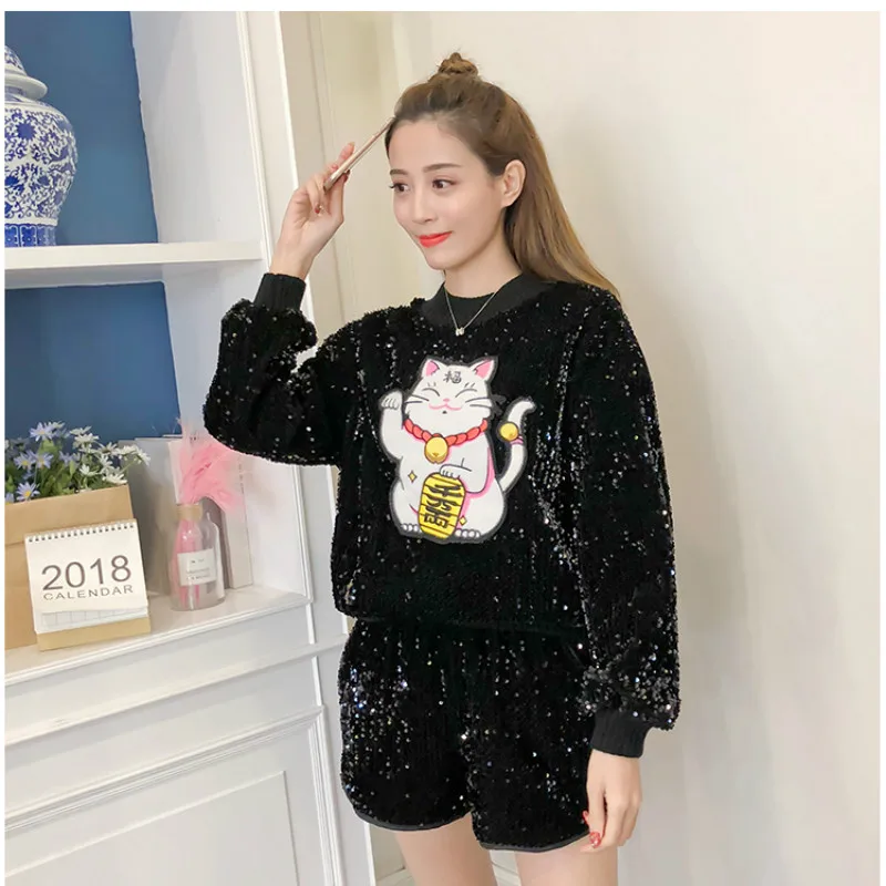 Модные толстовки с изображением из мультфильма Lucky Cat блестками свободные