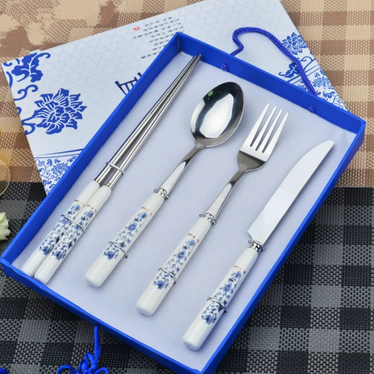 

2017 Hot Sale New Creative Fashion Design High Quality Blue And White Porcelain Stainless Steel Ceramic 4pcs Tableware Set