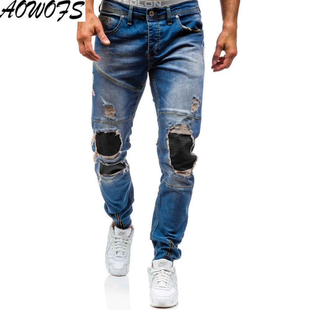 2018 nuevos hombres de la llegada pantalones vaqueros rotos agujero Denim Casual PU jeans StreetweaBrand ropa masculinos AWH044|patchwork jeans men|brand men jeansmen brand jeans - AliExpress