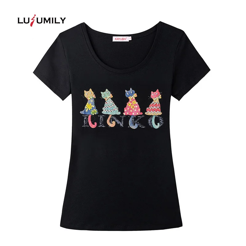 

Lusumily Cartoon Cat T-shirt Women Summer Cotton Female 2019 Fashion Black Tops Sequins Sweet Kawaii Diamond Plus Size Female Te