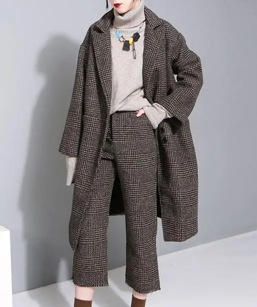 GETSRING, Женское шерстяное и кашемировое пальто+ щетина, широкие брюки, костюм, женские шерстяные пальто, набор, шерстяное пальто, Осень-зима - Цвет: brown set