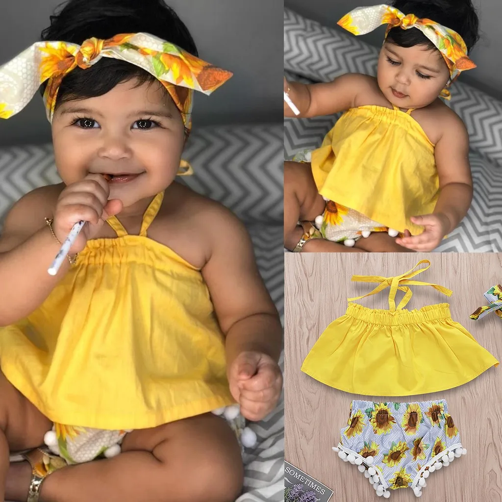 

3PC Newborn Summer 2019 Baby Girl Clothes Princess Sleeveless Solid Top+Print Shorts+Headband Baby Girl Set Infant Baby Clothing