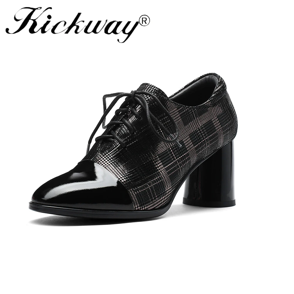 

Kickway Genuine Cow Leather Korean Girl Shoes Women Mixed Color Round Toe Square High Heel Movie Star Women Pumps Plus Size 42