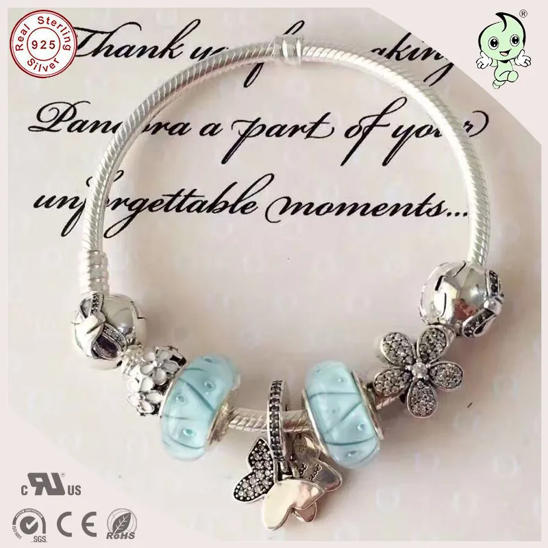 Beautiful Silver Butterfly Pendant Charm And Light Blue Silver Murano Charms 925 Sterling Silver Bracelet With Bowknot Clasp