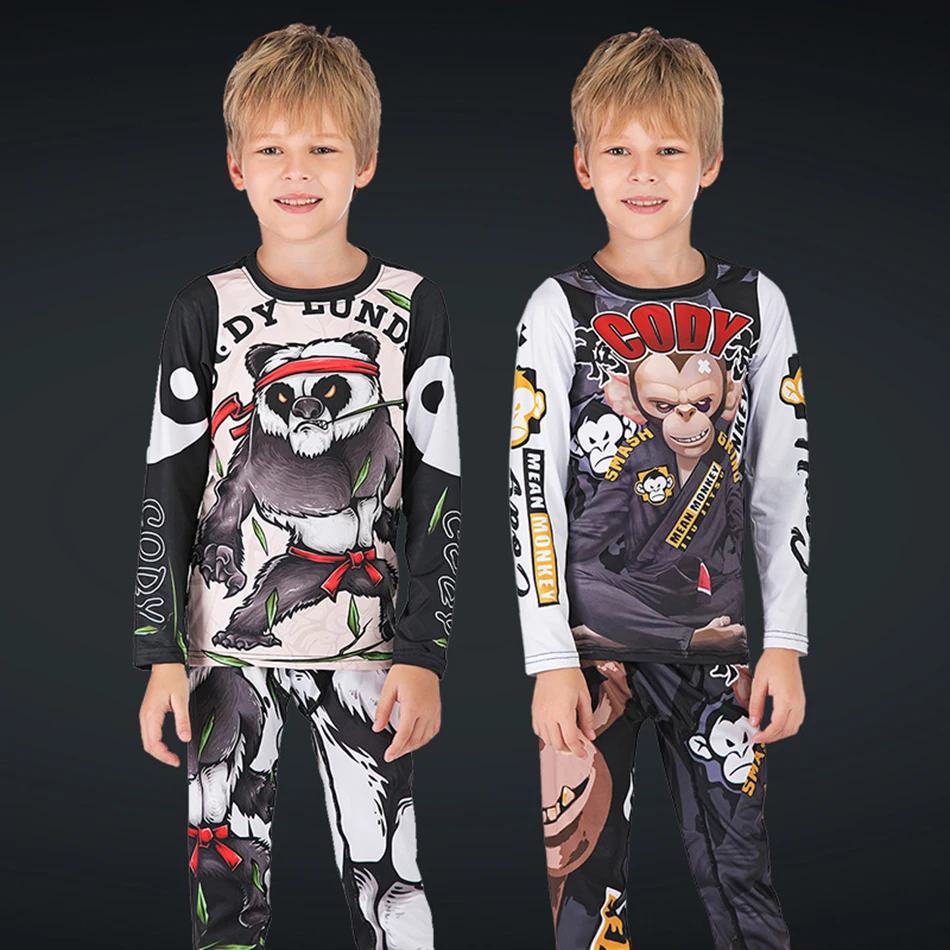 Skup Dziecięce koszulki bokserskie MMA MMA koszulka kompresyjna + spodnie Rashguard Jiu Jusit obcisłe spodnie z długim rękawem dla dzieci BJJ MMA Sportsuit