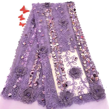 

2019 High Quality 3D Flowers with Beads Tulle Lace Fabric Nigerian Embroidered Sequins Tulle Lace Fabric for Wedding RF3126