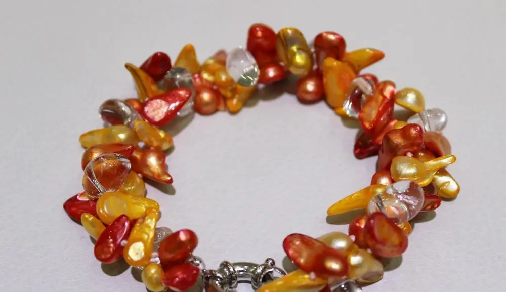 

2strands red&yellow freshwater pearls&crystals bracelet 8x17mm 8"Alloy"handmade