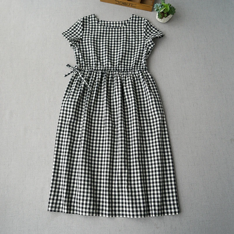 

Summer Women All-match Loose Plus Size Japanese Style Vintage Plaid Elastic Waist Comfortable Water Washed Linen Dress 2 Colors
