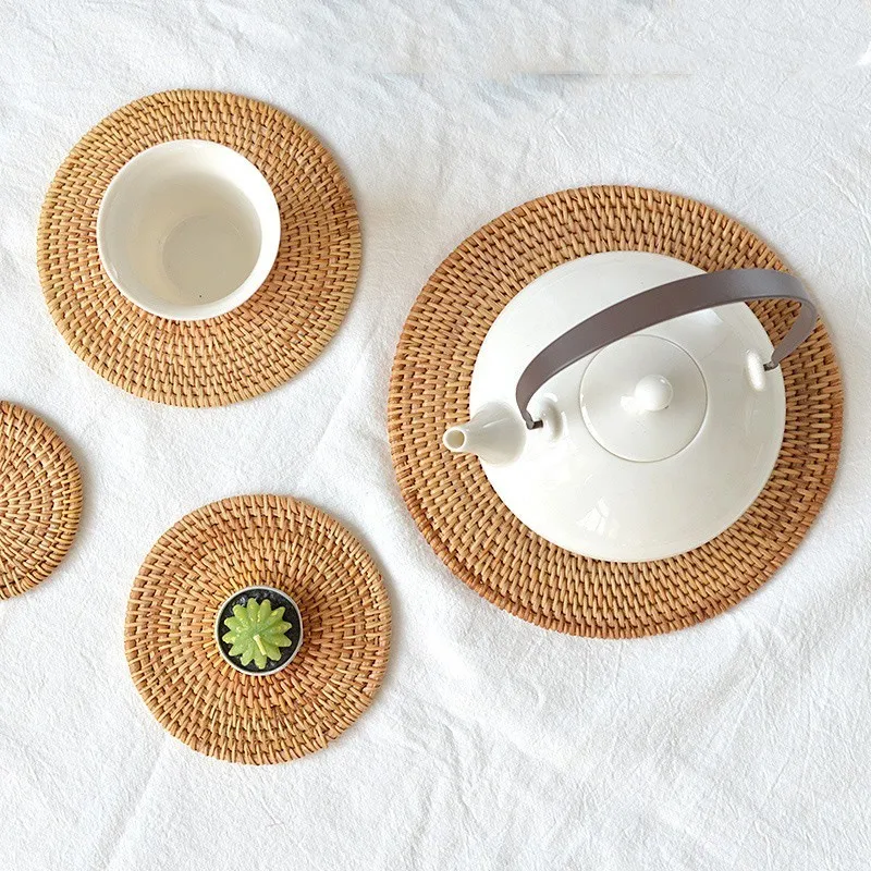 

Handmade Rattan Weaving Round Tea Cup Mat Individuality On The Table Pad For Hot Drink Coffee Dishes Coaster Set Heat Insulation