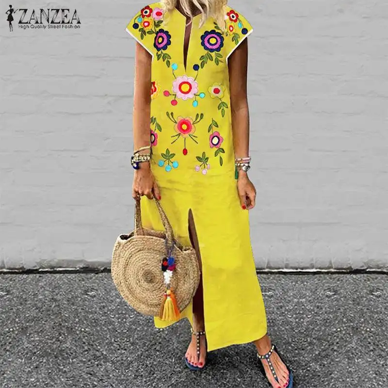 ZANZEA الصيف الأزهار المطبوعة فستان الشمس المرأة V الرقبة قصيرة الأكمام اللباس الإناث الشاطئ Vestido رداء فام انقسام تنحنح اللباس المعتاد