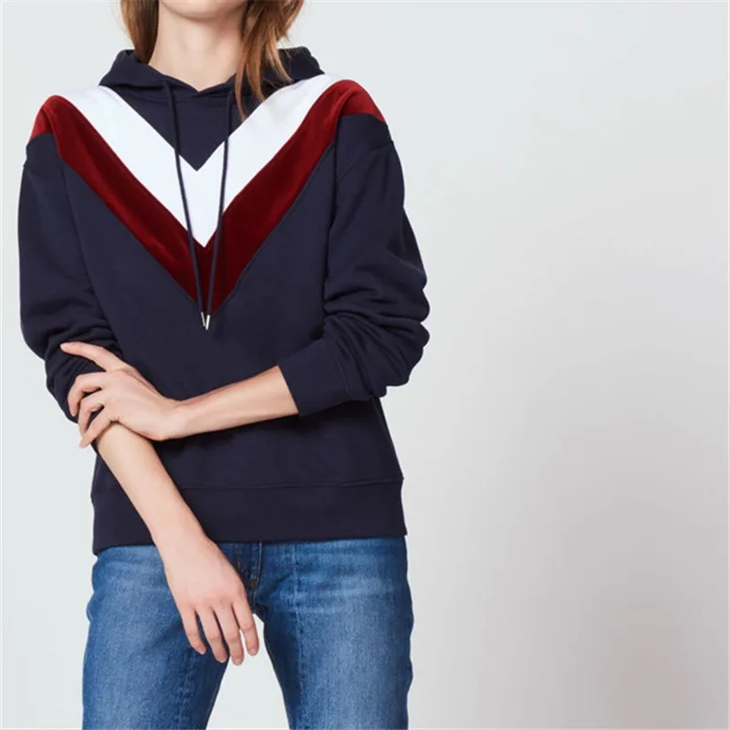 

Women V Type Patchwork Casual Hooded Hoodie