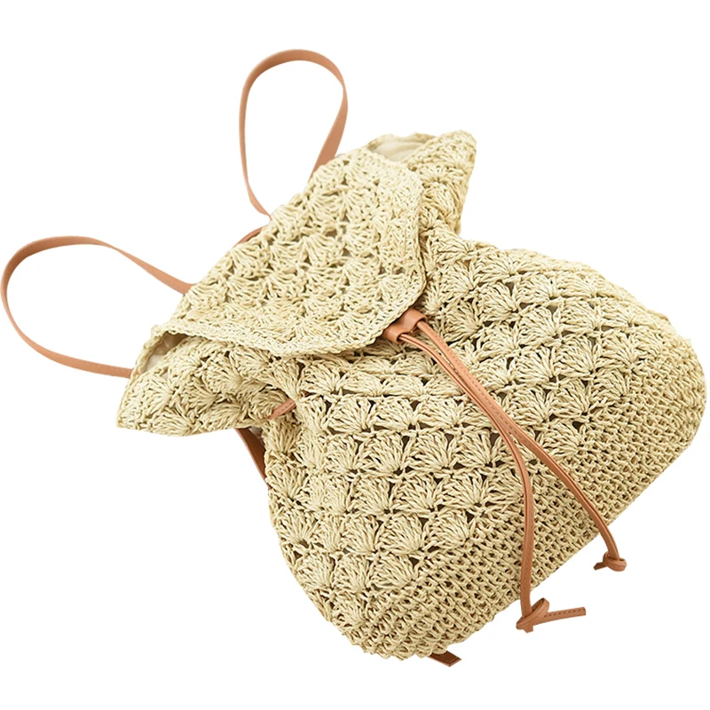 Beach Women's Backpacks Summer Straw Bags Drawstring Hollow Out Handmade Knitted Travel Backpack Design For Girls B-018 5