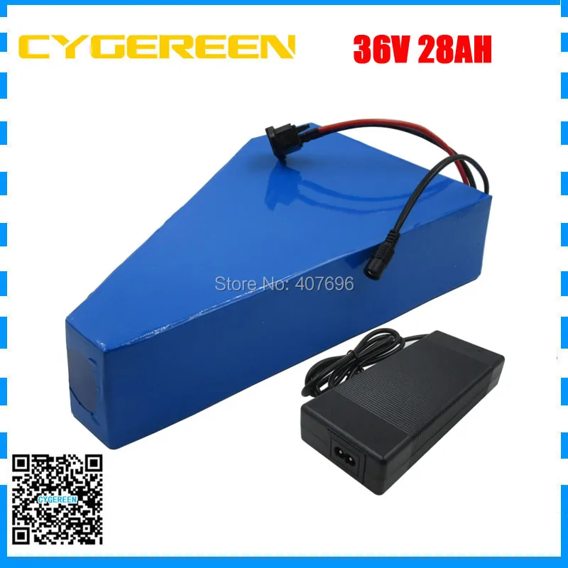 

1500W 36V 28AH lithium ion battery 36V triangle ebike battery with free bag use 2600mah 18650 cell 50A BMS 42V 3A Charger