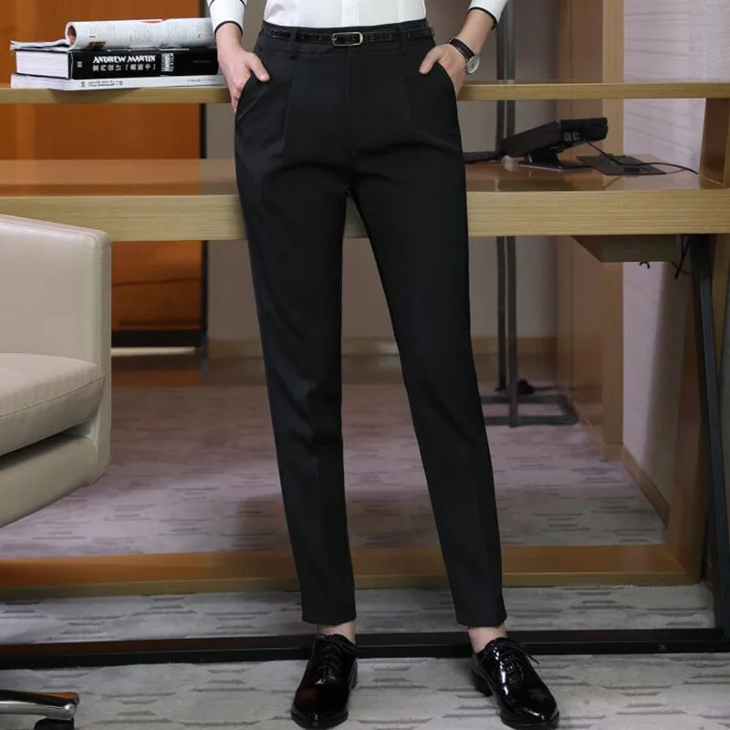 Модные элегантные женские брюки-карандаш, брюки размера плюс, формальные, новые, офисные, для девушек, узкие, средняя талия, брюки-карандаш, темно-синие, черные - Цвет: Black