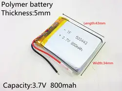 503443 Перезаряжаемые литий-полимерный 3,7 V 800 mAh Li-Ion Батарея для гарнитура и динамики с Bluetooth gps PSP, PDA MP3 MP4 MP5 053443