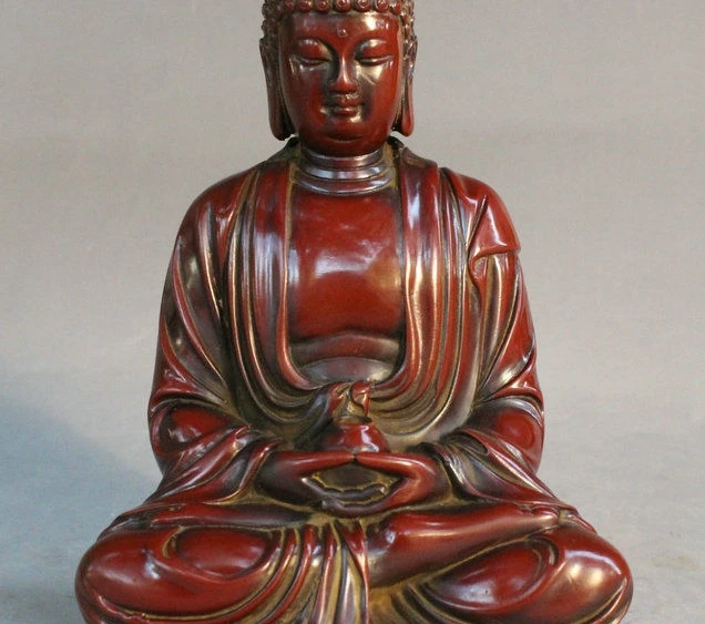 

7" Tibet Buddhism Temple Lacquerware Lotus Shakyamuni Tathagata Buddha Statue