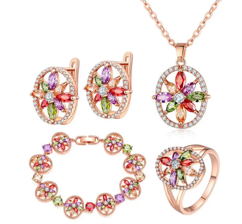 

Luckyshine Holiday Gift Yellow Plated Flower Fire Rainbow Cubic Zirconia Rings Drop Earrings Bracelet Necklace Jewelry Sets