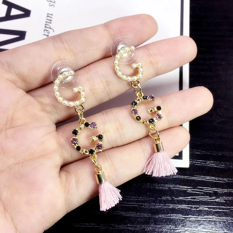 

Temperament fringed pearl letter G earring fashion fresh color rhinestone gg earrings