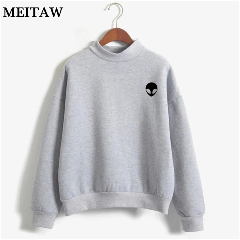 

Autumn Women Alien Printed Hoodies Sweatshirt Casual Long Sleeve Turtleneck Pullover 2019 Vintage Loose Tracksuit Outwear Top