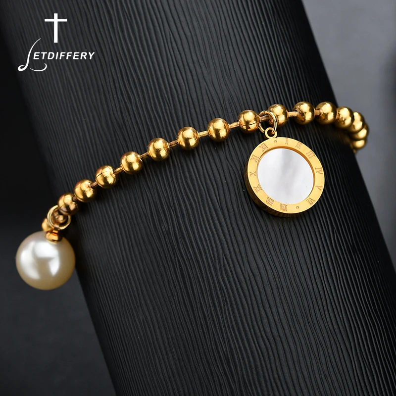 

Letdiffery Round Number Letter Shell Pendant Bracelet Simulated Pearl Gold Beaded Bracelets for Women Men Gift Adjust Length