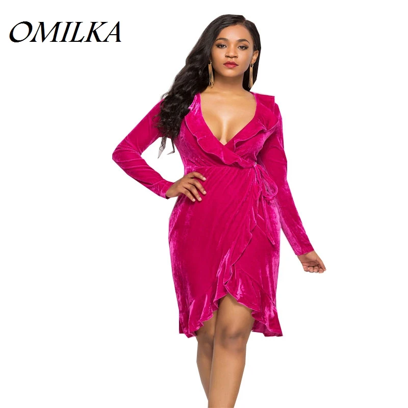 

OMILKA 2019 Autumn Women Long Sleeve V Neck Bandage Ruffle Velvet Dress Sexy Black Rose Plus Size Club Party Mini Dress