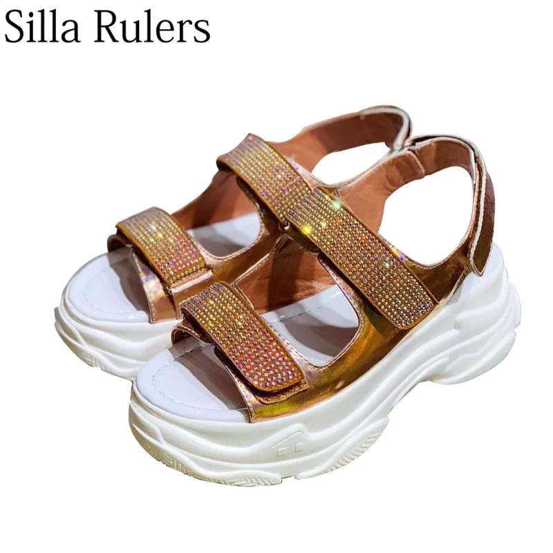 

2019 summer thick bottom wedges genuine leather open toe sandals woman rhinestone one strap gladiator sandals women Rome shoes