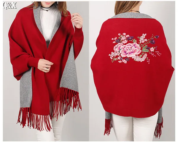 SC15, шарф, зимнее пончо из искусственного кашемира для женщин, однотонная женская накидка с длинными рукавами, винтажная шаль с вышивкой на спине, цветочный принт - Цвет: same color as photos