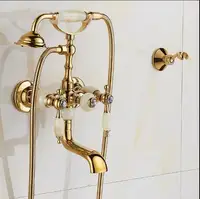 N หรูหราสไตล์โบราณทองอ่างอาบน้ําก๊อกน้ําเซรามิคและมือถือหัวฝักบัวก๊อกน้ําอ่างอาบน้ําก๊อกน้ําชุดก๊อกน้ําชุด 2