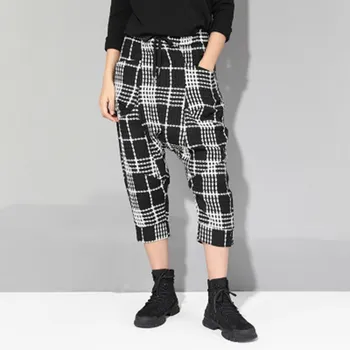 

2019 Summer Women Black And White Plaid Harem Pants Casual Lace Up Loose Trousers Elastic Waist Ankle Length Pants